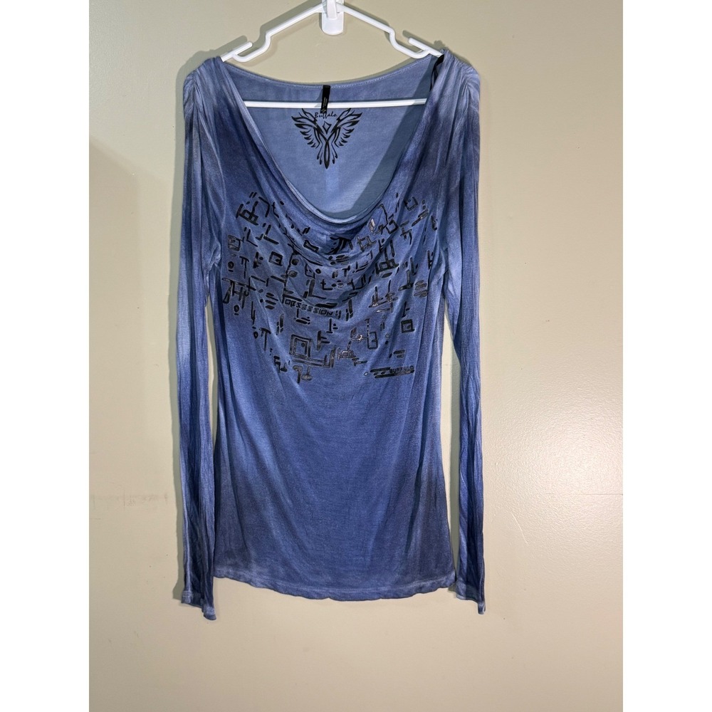 Buffalo Women Blue Acid Wash Cowl Neck Long Sleeve Graphic Y2K Top Large